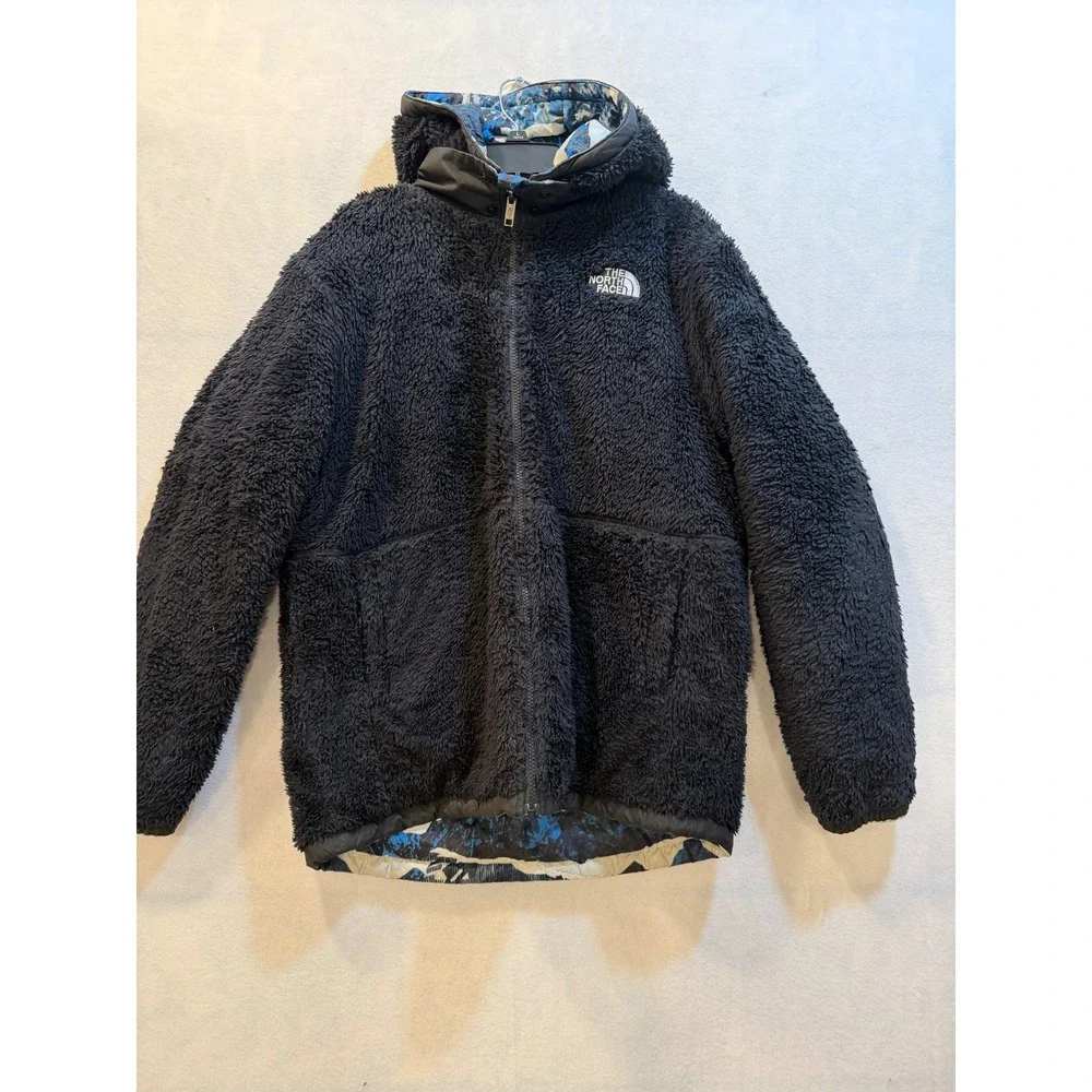 The North Face KidsReversible Fuzzy Fleece Jacket Mountain Print Hood Black14/16
